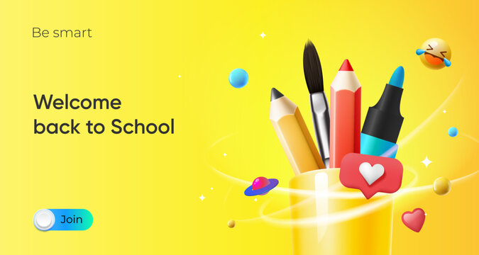 Back to school yellow poster with a picture of a pencils in a yellow holder