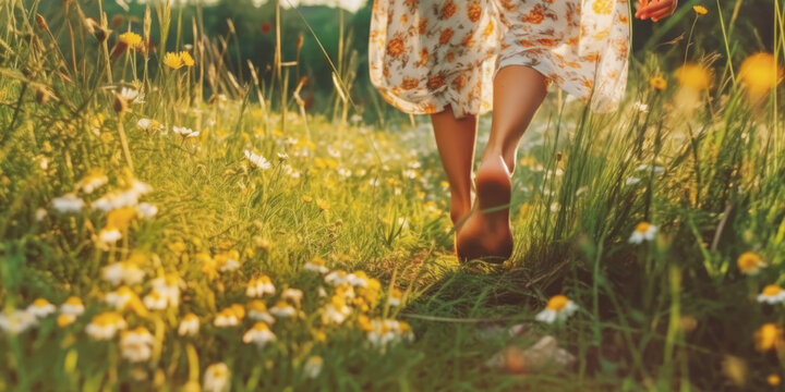 Woman walking barefoot outdoors in nature, grounding concept.