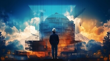 AI Generated: Future Building Construction Engineering Project Devotion with Double Exposure Graphic Design. Building Engineer and Architect Working with Modern Technology. Generative AI.