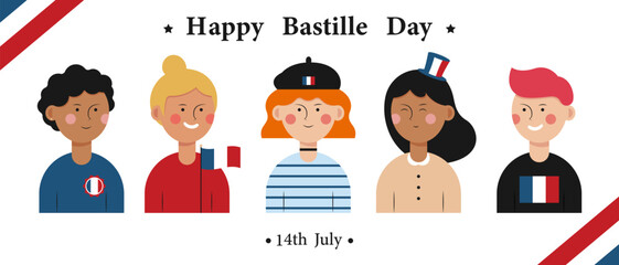 Greeting card for Happy Bastille Day with group of French people