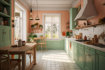 Modern cozy kitchen, classic interior design with light coral, green and white colors. Super photo realistic background, generative ai illustration