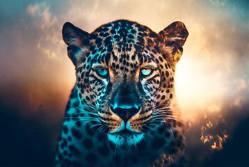 Leopard and savannah. The concept of protecting wildlife and green planet. post processed AI generated image.