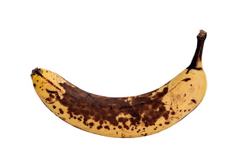 Banana with brown spots isolated on white background.