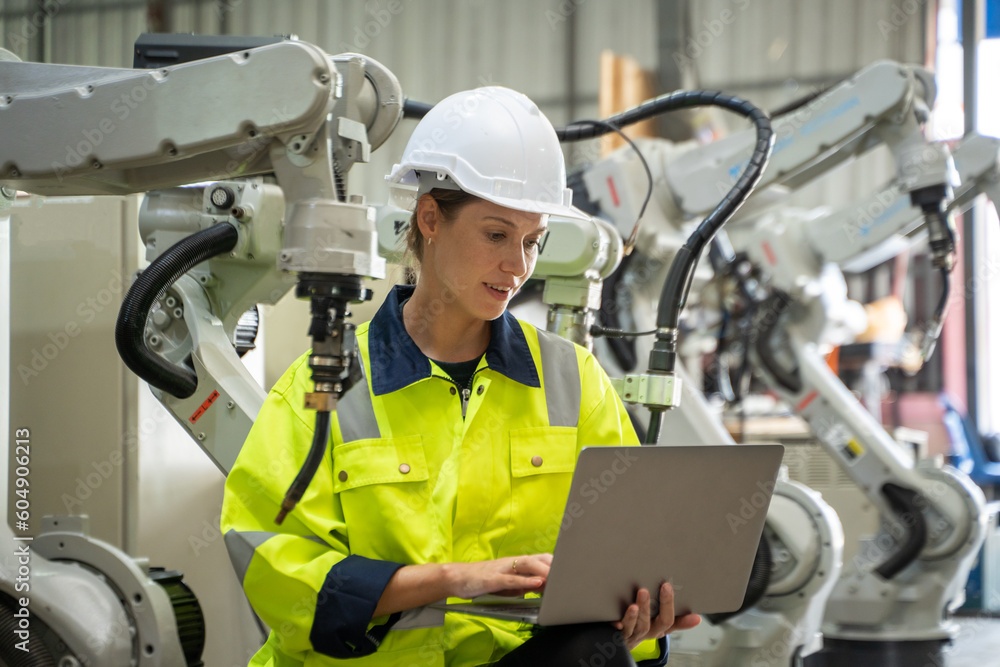 Poster engineer inspect robotic arm in workshop,checking quality of workpieces manufacturing industry techn