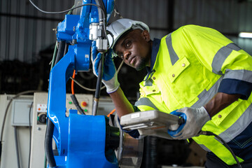 Engineer in modern industrial factory checking and maintain industrial robot arm controller in...