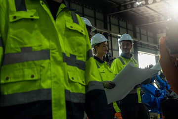 Engineer testing the automated machine,Engineer control robot the production of factory parts...