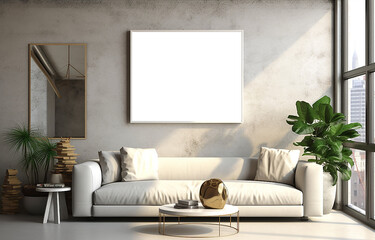 Blank wooden picture frame mockup on wall in modern interior. Horizontal artwork template mock up for artwork, painting, photo or poster in interior design, AI generated art