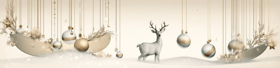 Christmas design using gold ornaments hanging from strings, in the style of minimalistic objects, beige tones. Generative Ai Illustration.