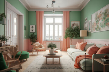 Modern cozy living room, classic interior design with light coral, green and white colors. Super photo realistic background, generative ai illustration