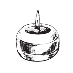 Candle round with flame. Illustration graphic, hand drawn, EPS vector, isolated object. For SPA, relaxation, interior decor, candle making masters.