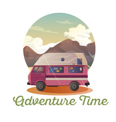 Obraz premium Adventure time. Vector illustration of a camping car. Vintage caravan vehicle for outdoor camp travelling road vacation happy tourism symbol exact vector cartoon picture