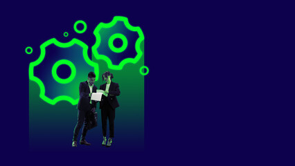 Business people, colleagues checking documents over big neon gear icons symbolizing settings and technical working process. Creative conceptual design. Concept of business, office, modern technologies