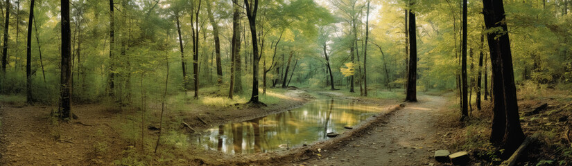 Obraz premium A dirt pathway in the forest near water, lively nature scenes. Generative Ai Illustrations.