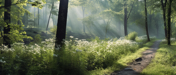 A dirt pathway in the forest near water, lively nature scenes. Generative Ai Illustrations.