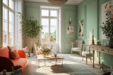 Fototapeta premium Modern cozy living room, classic interior design with light coral, green and white colors. Super photo realistic background, generative ai illustration