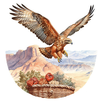 A painting of a hawk flying over a basket of fruit. Generative AI.