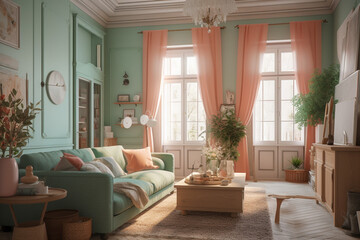 Modern cozy living room, classic interior design with light coral, green and white colors. Super photo realistic background, generative ai illustration