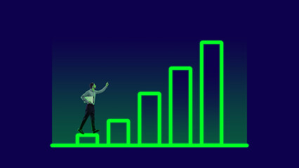 Businessman walking upwards on giant neon colored graph symbolizing personal and professional growth. Creative conceptual design. Concept of business, office, modern technologies, success