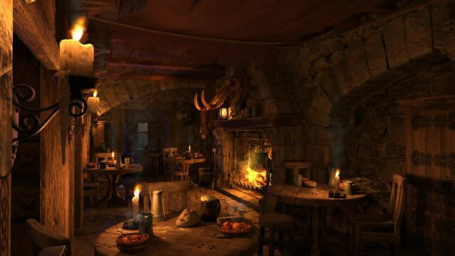 Dark moody medieval tavern interior at night with flickering candle flames, hot food on tables and fire burning in the background.