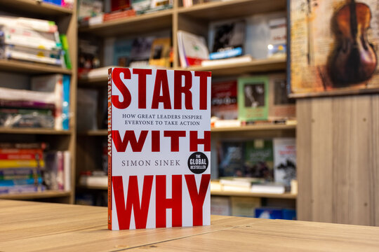 Close-up of Simon Sinek's Start with Why book in the bookshop. Entrepreneurship concept.