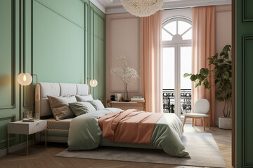 Fototapeta premium Modern cozy bedroom, classic interior design with light coral, green and white colors. Super photo realistic background, generative ai illustration