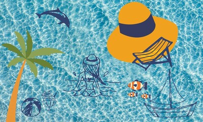 Mar de fondo en imagen y dibujo adelante
Ilustración Playa, Verano