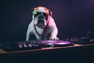 a dog of the English bulldog breed plays music at the DJ console. The concept of club life. generative ai