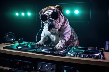a dog of the English bulldog breed plays music at the DJ console. The concept of club life. generative ai - obrazy, fototapety, plakaty