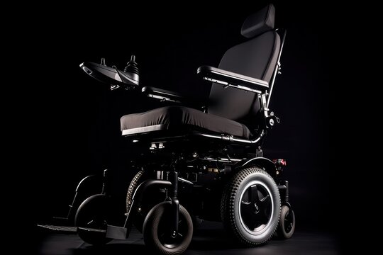 A Modern Motorised Wheelchair for a Disabled Person isolated on black background. High quality photo