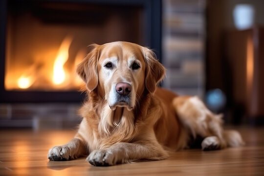 A dog laying on the floor in front of a fireplace. Generative AI.