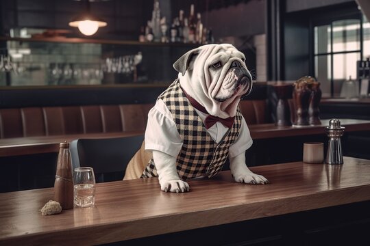 dog english bulldog waiter in the bar behind the bar counter. pub for animals. elegant animals. generative ai