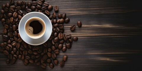 Coffee cup and coffee beans on wooden background. Fresh tasty espresso cup of hot coffee with coffee beans on dark background