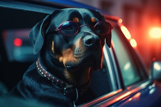 k9,  a dog of the Rottweiler breed in glasses, a police dog. the concept of law enforcement. animal helpers. generative ai,