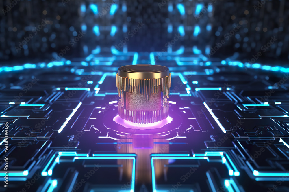 Poster quantum computer close up, futuristic technology, generative ai. glowing elements, futuristic techno