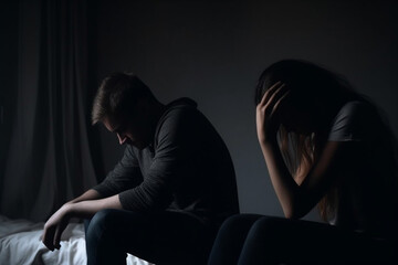 Depressed couple having a problem sitting head in hands in the dark bedroom Negative emotion and mental health concept