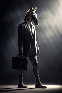 Zebra in a business suit, holding a briefcase, blending nature and professionalism.Generative AI.