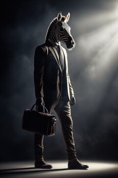 Zebra in a business suit, holding a briefcase, blending nature and professionalism.Generative AI.