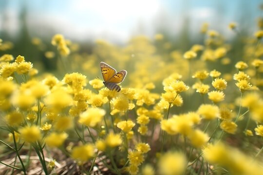 Cheerful buoyant spring summer shot of yellow Santolina flowers and butterflies in meadow in nature outdoors on bright sunny day, macro. Soft selective focus