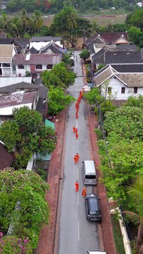 Aerial view of a serene procession of monks strolling through the charming streets of beautiful Luang Prabang during their morning alms collection in Laos. 