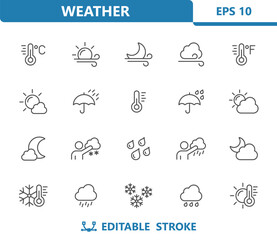 Weather Icons - Sun, Moon, Rain, Raining, Forecast, Snowflake, Snowing, Cloud vector icon set