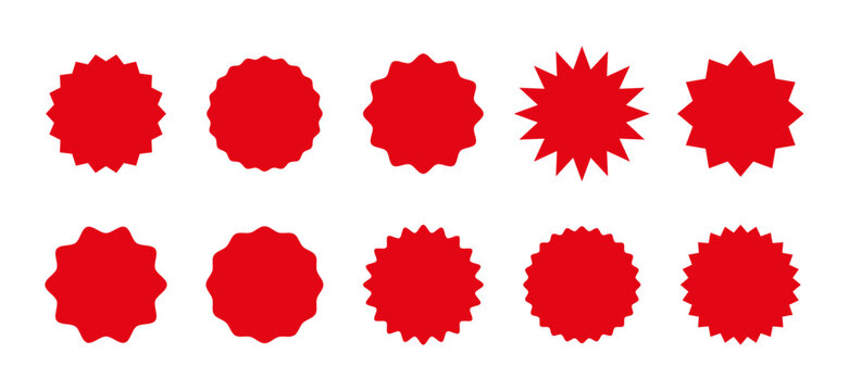 Set of vector red starburst, sunburst badges. Simple flat style vintage labels, stickers.