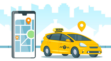 Taxi service. Online ordering taxi car, rent and sharing using service mobile application. Smartphone with route and points location on a city map on the urban landscape