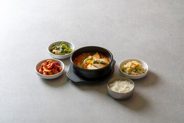 kimchi stew Budae-jjigae, kimchi-jjigae, cheonggukjang, stir-fried pork,Sausage Stew fast-fermented bean paste