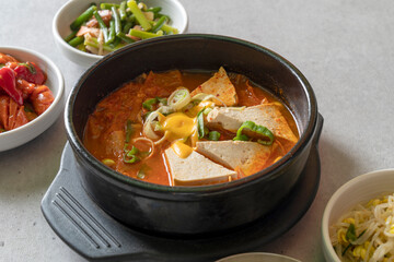 kimchi stew Budae-jjigae, kimchi-jjigae, cheonggukjang, stir-fried pork,Sausage Stew fast-fermented bean paste