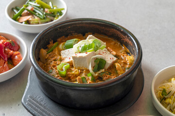 kimchi stew Budae-jjigae, kimchi-jjigae, cheonggukjang, stir-fried pork,Sausage Stew fast-fermented bean paste