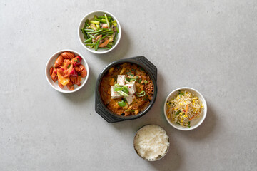 kimchi stew Budae-jjigae, kimchi-jjigae, cheonggukjang, stir-fried pork,Sausage Stew fast-fermented bean paste