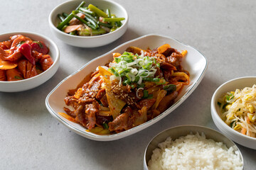 kimchi stew Budae-jjigae, kimchi-jjigae, cheonggukjang, stir-fried pork,Sausage Stew fast-fermented bean paste
