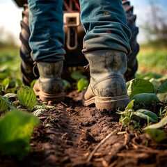 close-up of a farmer's feet in rubber boots walking in field green plants with agricultural vehicle background, generative ai