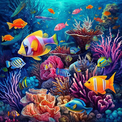 Fototapeta na wymiar group of colorful fish and sea animals with colorful coral underwater in ocean, Generative AI
