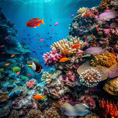 Naklejka na ściany i meble group of colorful fish and sea animals with colorful coral underwater in ocean, Generative AI